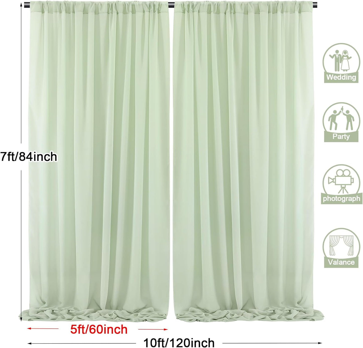 PARTISKY 10x7ft Sage Green Chiffon Backdrop Curtains, Wrinkle-Free Sheer Fabric Photo Drapes for Wedding Ceremony Arch Birthday Baby Shower Photography Stage Decor 5x7ft, 2 Panel