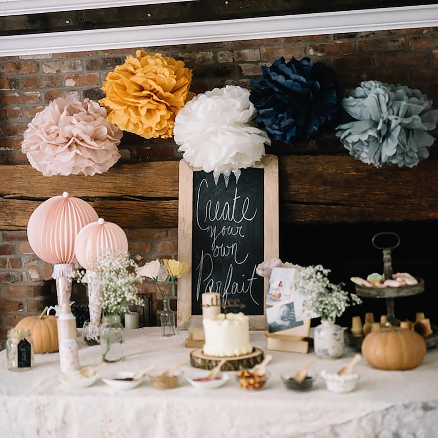 ZOOYOO Navy Blue and Yellow Paper Pom Poms Decorations for Party Ceiling Hanging Tissue Flowers Decorations 12pcs(2 Color of 10 Inch, 12 Inch)