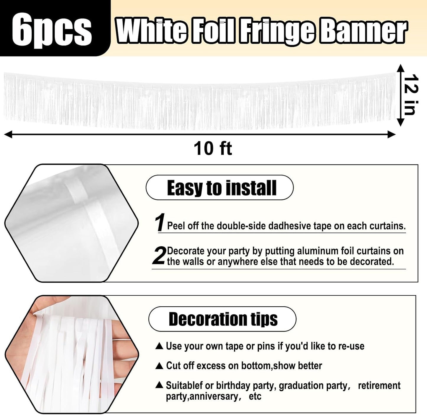 6 Pack 10 Feet White Foil Fringe Garland Metallic Tinsel Streamers Banner Wall Hanging Curtain Backdrop for Parade Floats, Birthday, Graduate, Mother's Day, Wedding Party Decoration