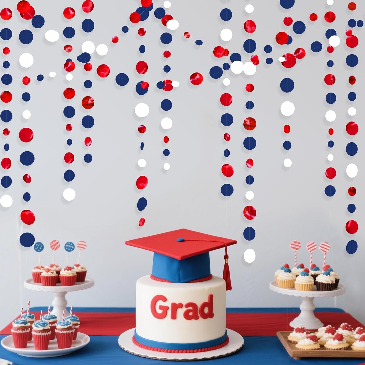 46 Ft Navy Blue Red White Circle Dots Garlands Royal Blue Red Hanging Paper Polka Dots Streamer for 4th of July American Independence Day USA National Day Patriotic Veterans Party Decorations Supplies