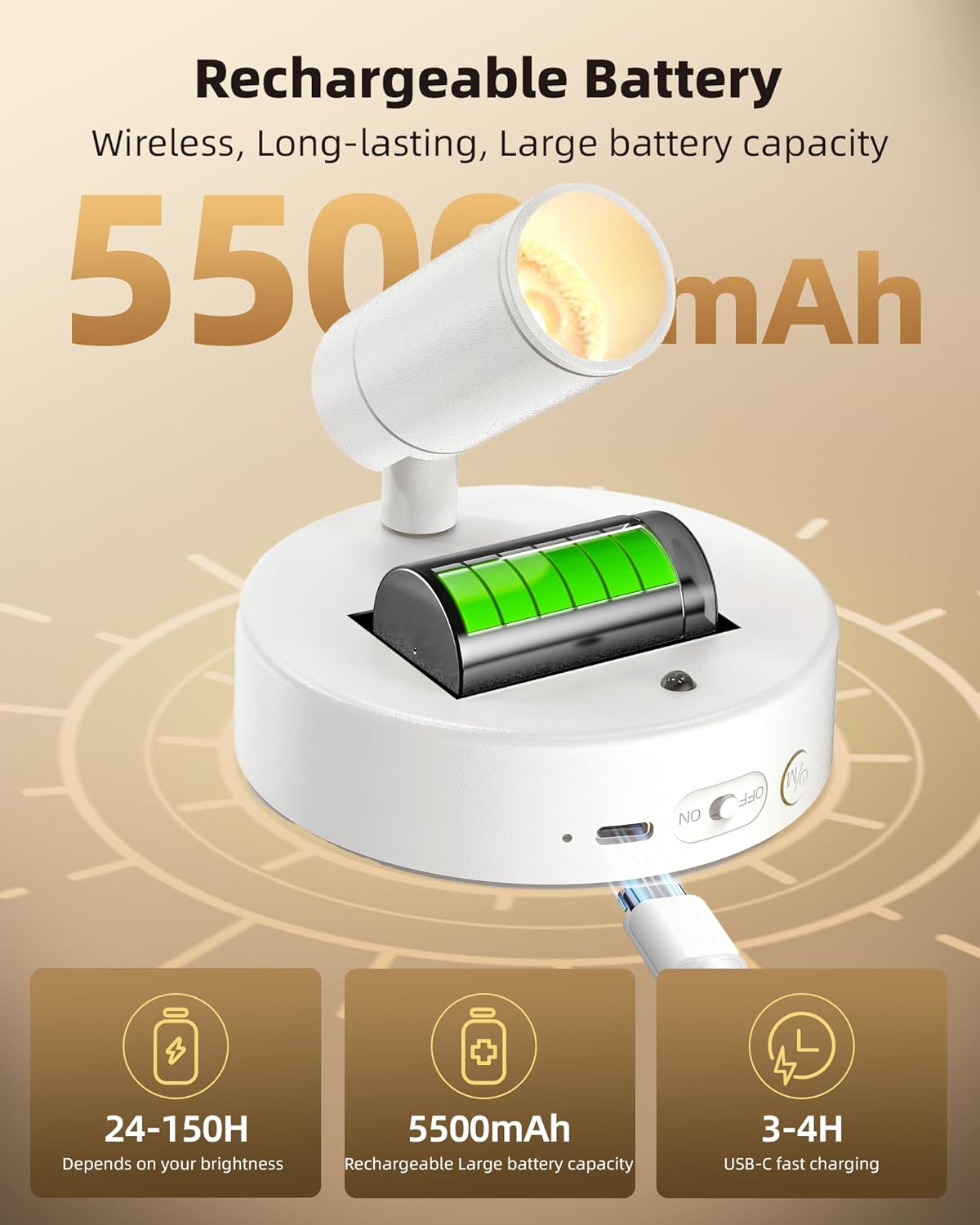 EZVALO Battery Powered LED Spotlight Indoor, Wireless Picture Lights with Remote,5500mAh Rechargeable Mini Display Light, Uplighting Indoor for Artwork Tree Painting Portrait (white-1Pack)