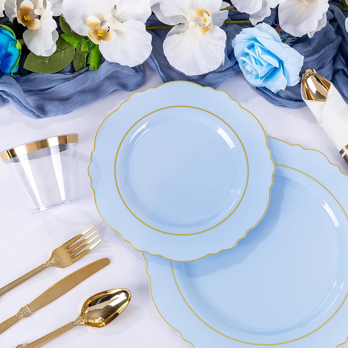 Liacere 350PCS Bule Plastic Plates - Disposable Bule and Gold Plates 50guest Baroque Plastic Dinnerware include 100Plates, 50Pack Pre Rolled Napkins with Silverware 50Cups for Wedding&Mother's Day