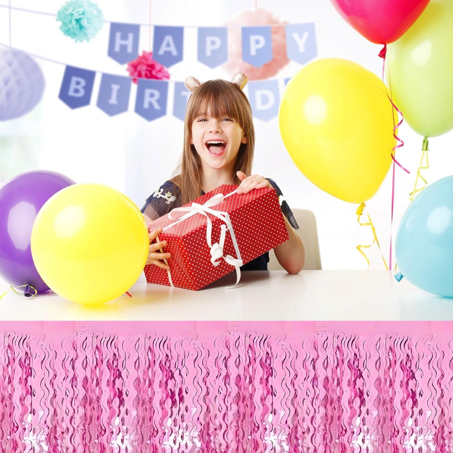 6 Pack 29 x108 Inch Pink Wave Foil Fringe Table Skirts Metallic Banner for Tinsel Streamer Garland Backdrop for Parade Floats, Mother's Day, Easter, Wedding, Birthday Party Decoration