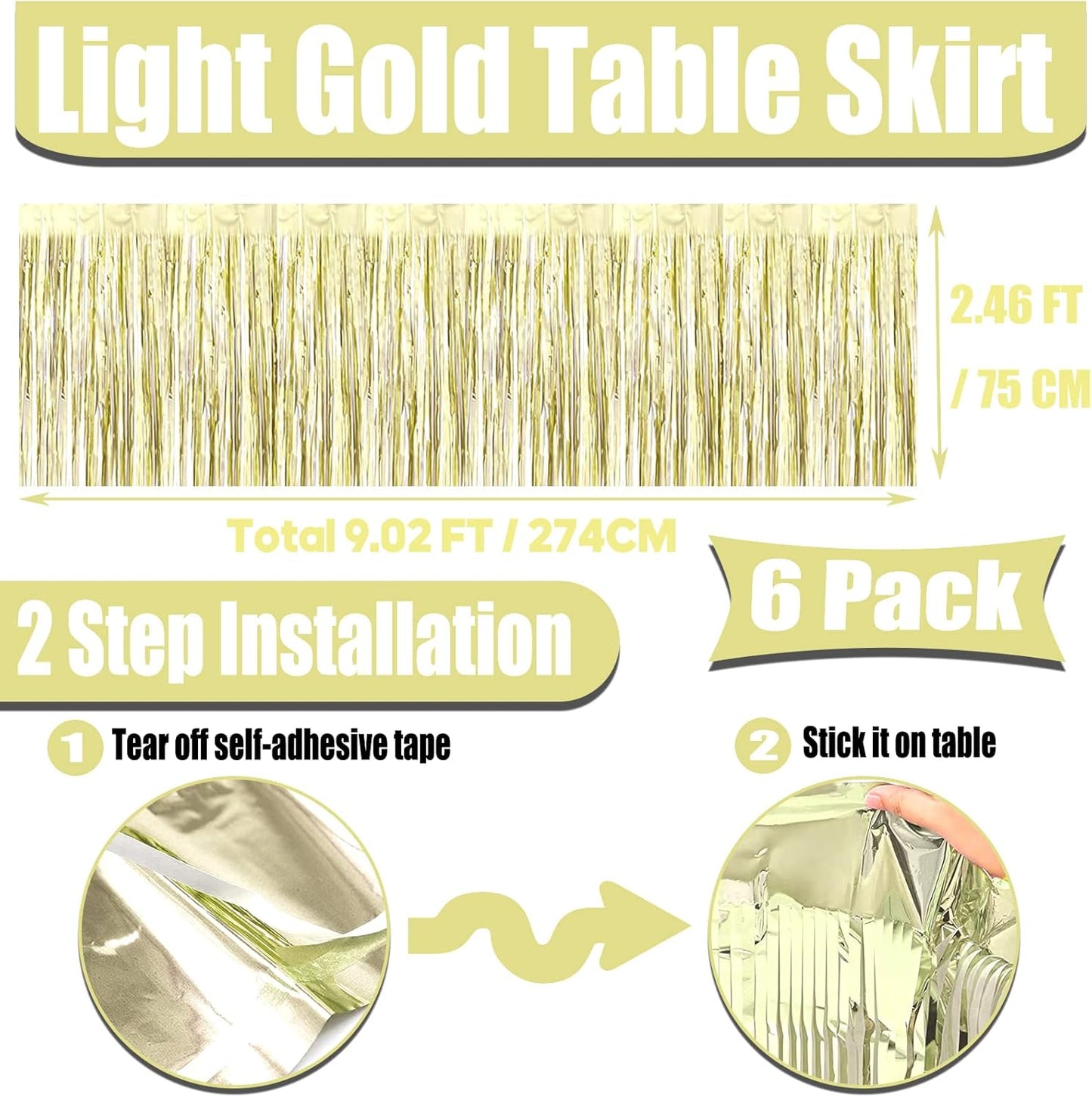 6 Pack 29x108 Inch Metallic Foil Fringe Tinsel Table Skirts Banner for Rectangle Tables Streamer Garland Backdrop for Wedding, Birthday, Parade Floats, Christmas Party Decoration(Light Gold)