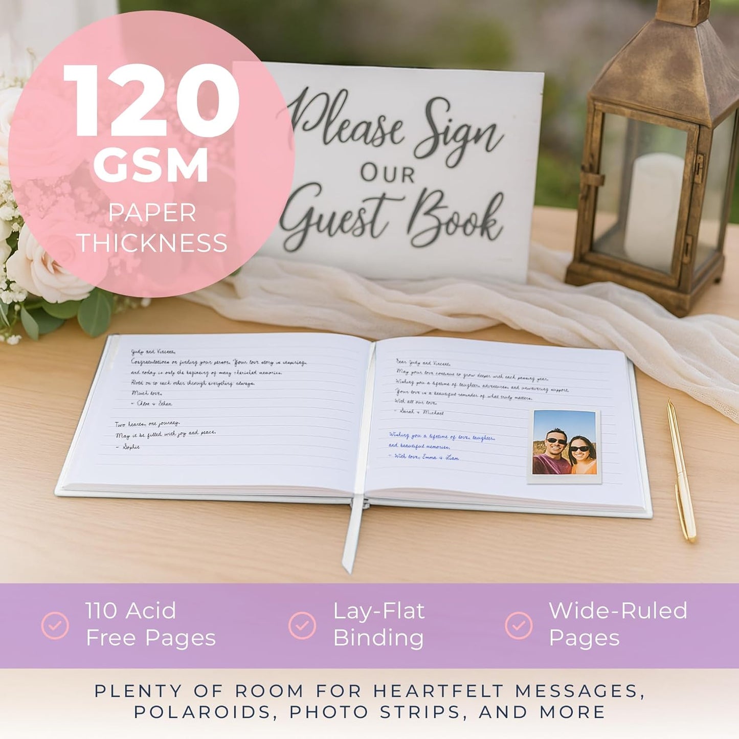 Promot Personalized Guestbook for Party (White) - 110 Lined Pages in Wood-Free Vegan Leather Hard Cover - Wedding Guest Book Sign in and Photos, Baby Shower, Birthday or Graduation