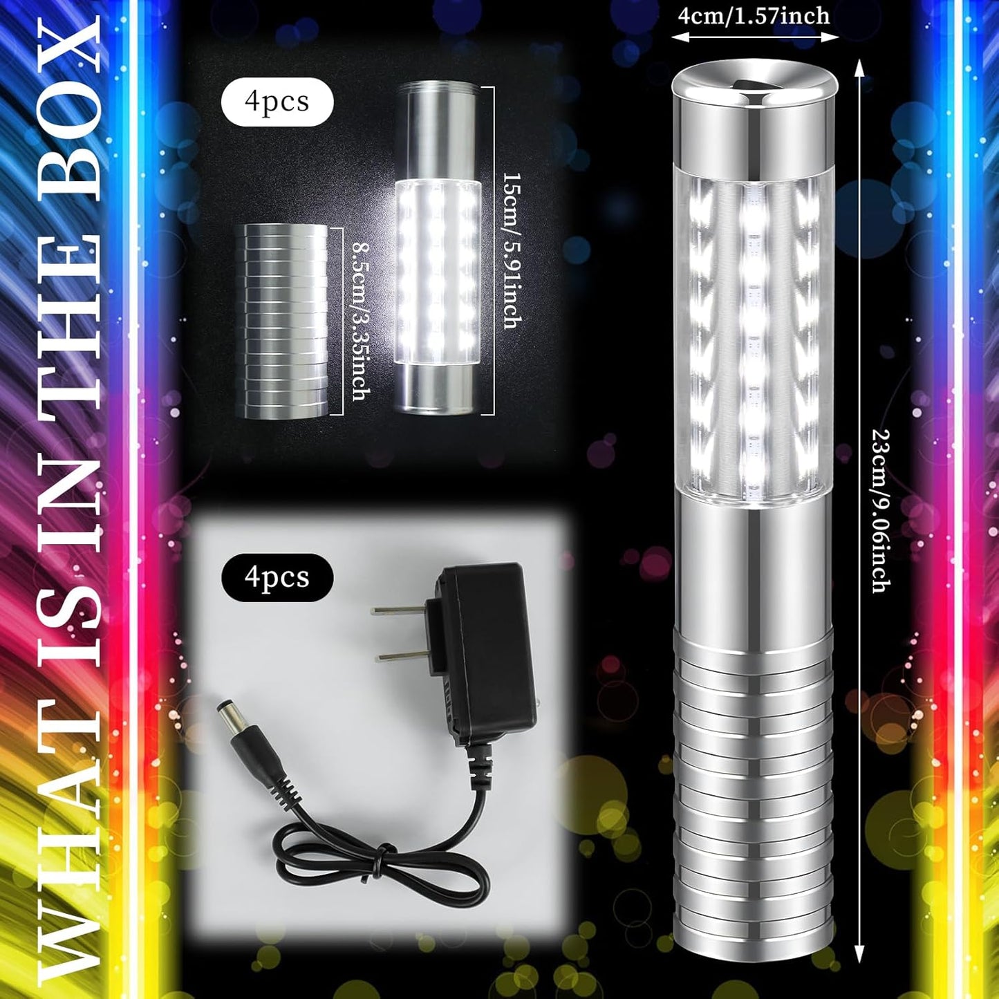 4 Pieces LED Strobe Baton Light Rechargeable Bottle Service Sparklers Stick Reusable Champagne Bottle Handheld LED for Club Stage Nightclub Party Concert Event Bar Outdoor - Silver