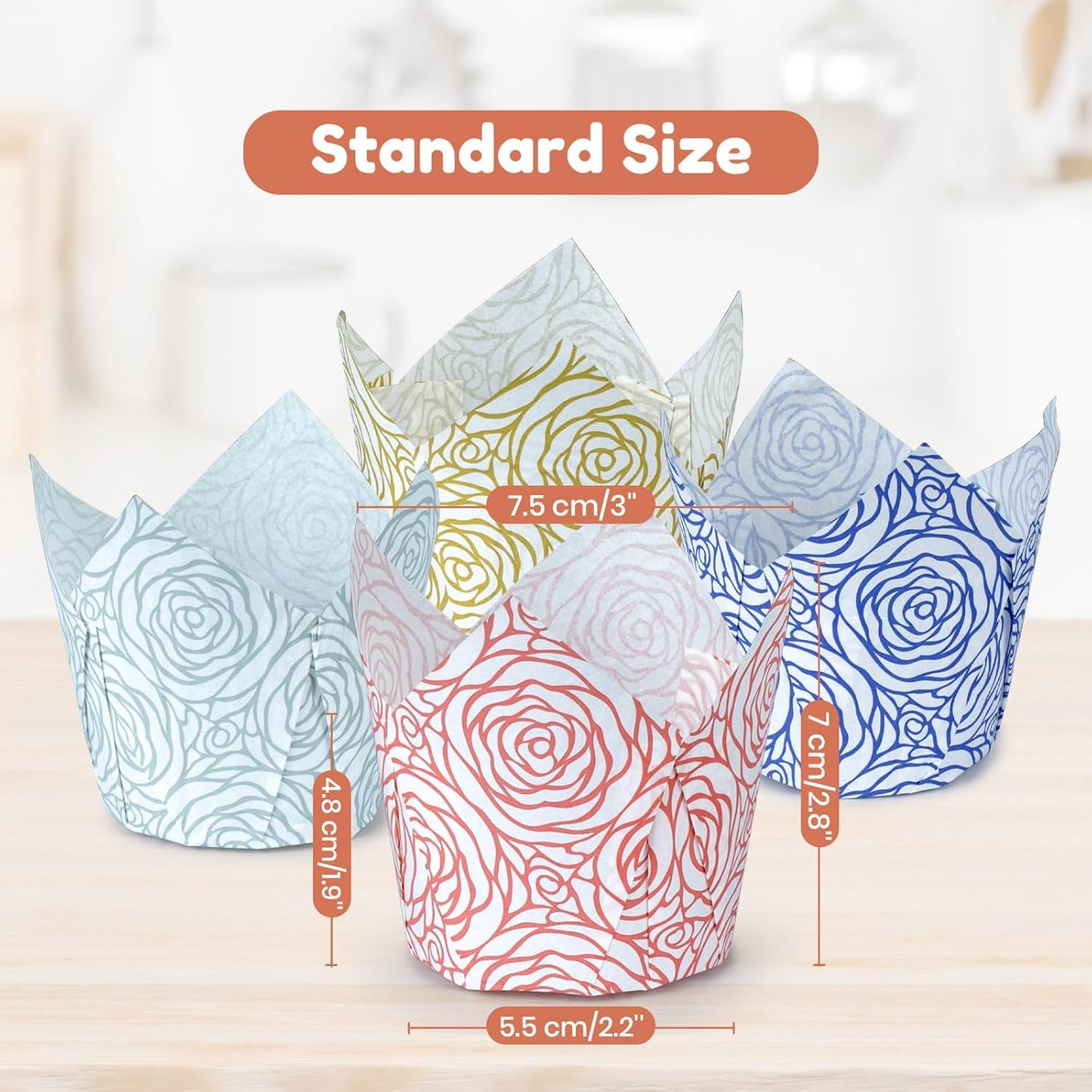 160pcs Tulip Paper Cupcake & Muffin Liners Oil Resistant - Standard Size 4 Colors Rose Pattern Baking Cups Cupcake Wrappers, Model BK010