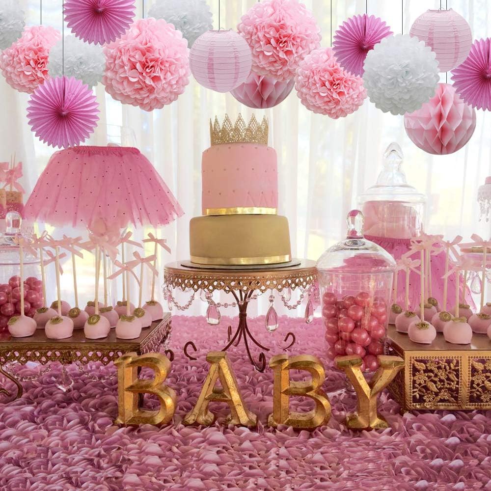16pcs Pink Party Decorations Paper Pom Poms Honeycomb Balls Lanterns Tissue Fans for Birthday Wedding Baby Shower Graduation Valentine Party Supplies