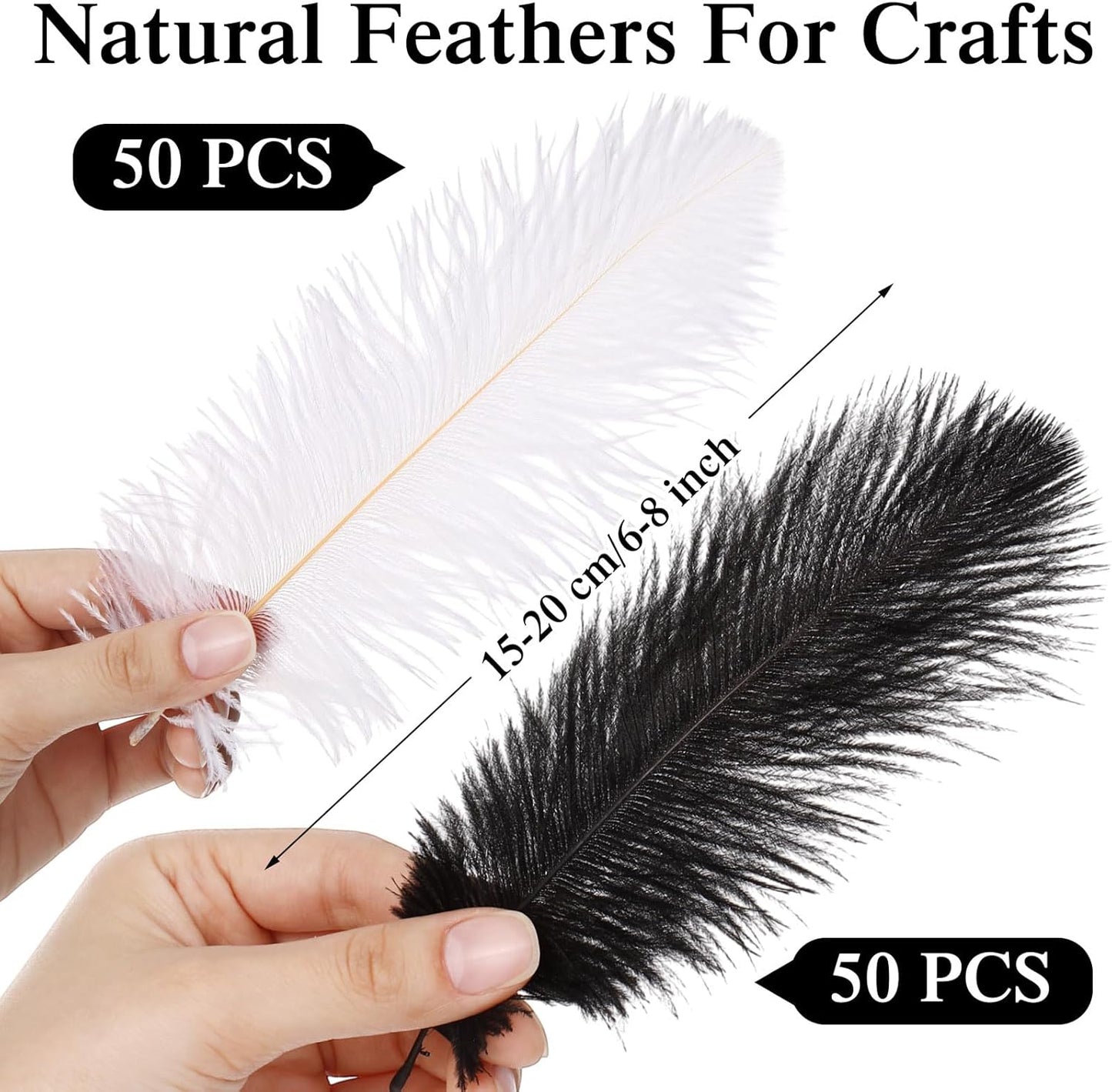 Crowye 100 Pcs Ostrich Feathers Bulk for Centerpieces Craft Ostrich Feathers for Vase Wedding Masquerade Party Home Costume Decorations (6-8 Inch,Black,White)