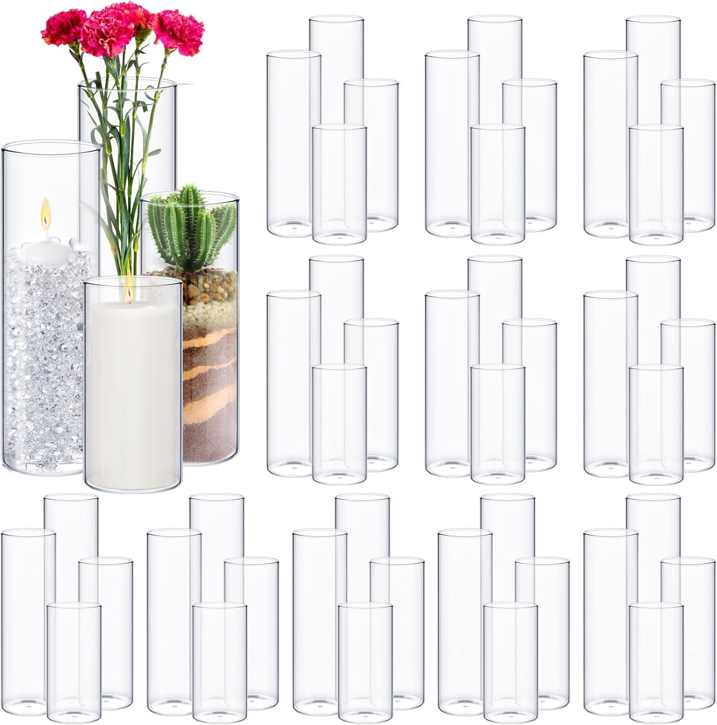 Sawysine 48 Pcs Glass Cylinder Vases 2.5''/2.95''/3.9'' Diameter Clear Flowers Vase Hurricane Floating Candles Holders for Table Centerpieces (2.95 x 6 in,2.95 x 8 in,2.95 x 10 in,2.95 x 12 in)