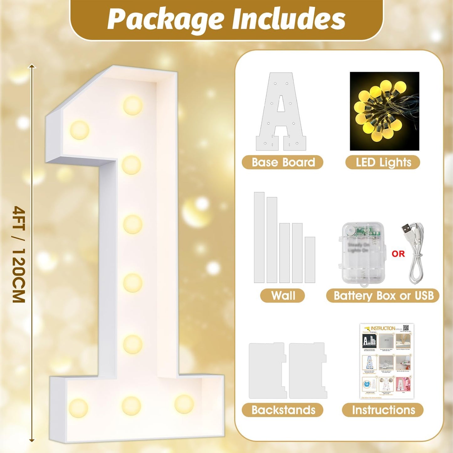 Ledido 4FT Marquee Light Up Numbers Large Light Up Letters for Party Decoration, Marquee Numbers for 1st 21st Birthday Anniversary, Pre-cut Foam Board Assembly Required Number 1