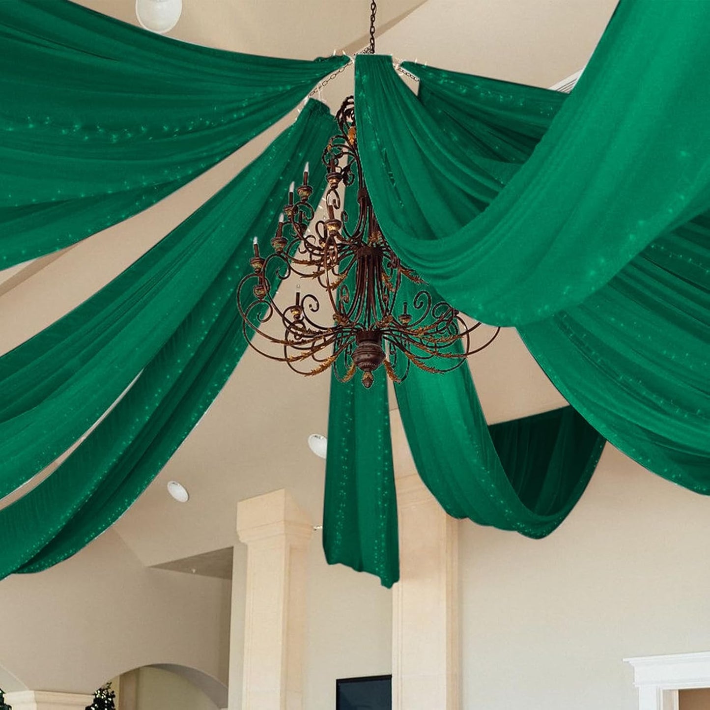 6 Panels Emerald Green Wedding Ceiling Drapes 5ftx20ft Ceiling Drapes Chiffon Fabric Arch Draping Sheer Curtains Soft Drapery Draping Wedding Ceiling Decorations for Party Ceremony Stage Swag