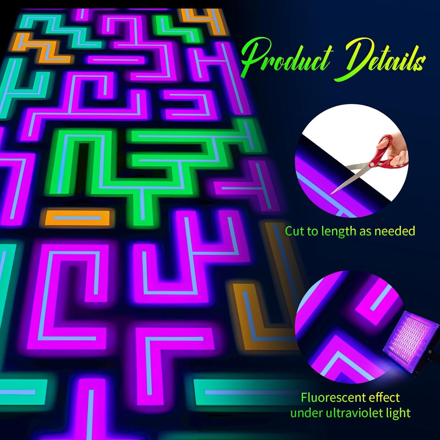 Haull 118 x 39 Inch Neon Light up Dance Floor Glow in The Dark Runner UV Reactive Blacklight Floor Aisle Runner Decor Wall Props for 80s 90s Neon Birthday Party Decorations(Labyrinth)