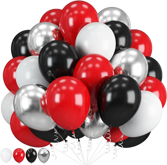 Red Black Balloons, 60 Pcs 12 Inch Double Stuffed Red Matte Black White Balloon with Metallic Silver Balloon for Halloween Vampire Prom New Year Race Car Theme Birthday Poker Card Party Decorations