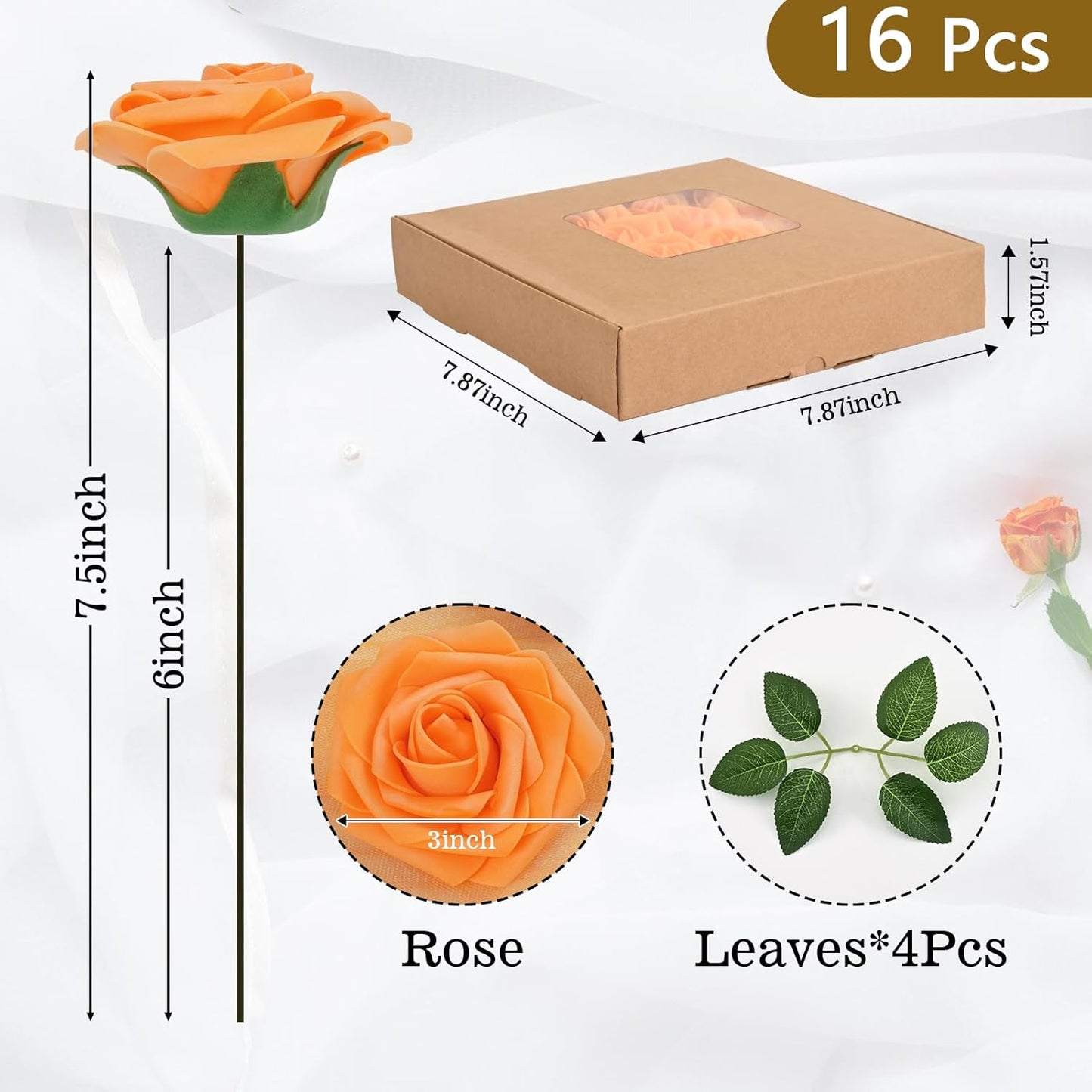 BLEUM CADE 16Pcs Artificial Flowers Fake Roses with Stems, Orange Boxed Foam Roses for DIY Bouquets Centerpieces Wedding Party Arrangement Bridal Shower Decor