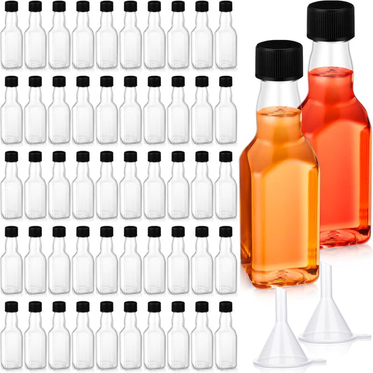 Havawish 50 Pack 1.7 oz Square Mini Liquor Bottles with Funnels and Black Plastic Caps Reusable Airtight Empty Plastic Alcohol Shot Bottles for Birthday Wedding Baby Shower Party Favors