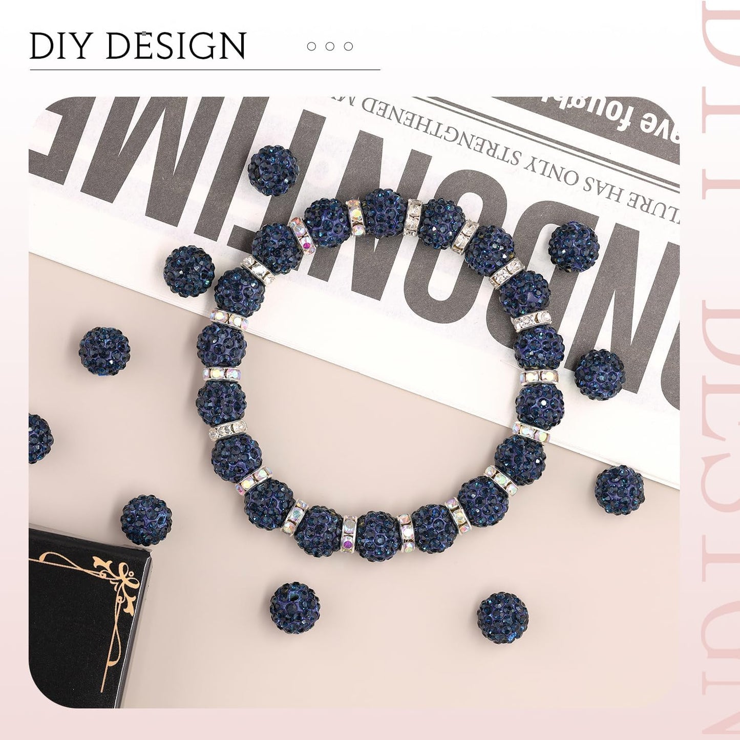 100pcs 10mm Rhinestone Beads for Jewelry Making, Blue Black Shiny Round Shamballa Disco Ball Beads Bulk, Sparkle Crystal Clay Christmas for Bracelet Baseball Necklace Earring Crafting and DIY