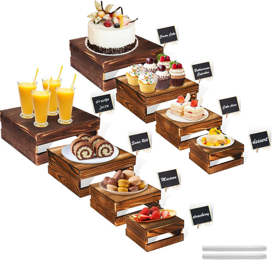 8 Pcs Buffet Risers with Mini Signs, Rustic Wood Cake Stands, Food Risers for Buffet Table, Dessert Display Stand, Wood Crates, Rustic Cake Stand for Party, Wedding, Birthday, Baby Shower, 4 Sizes