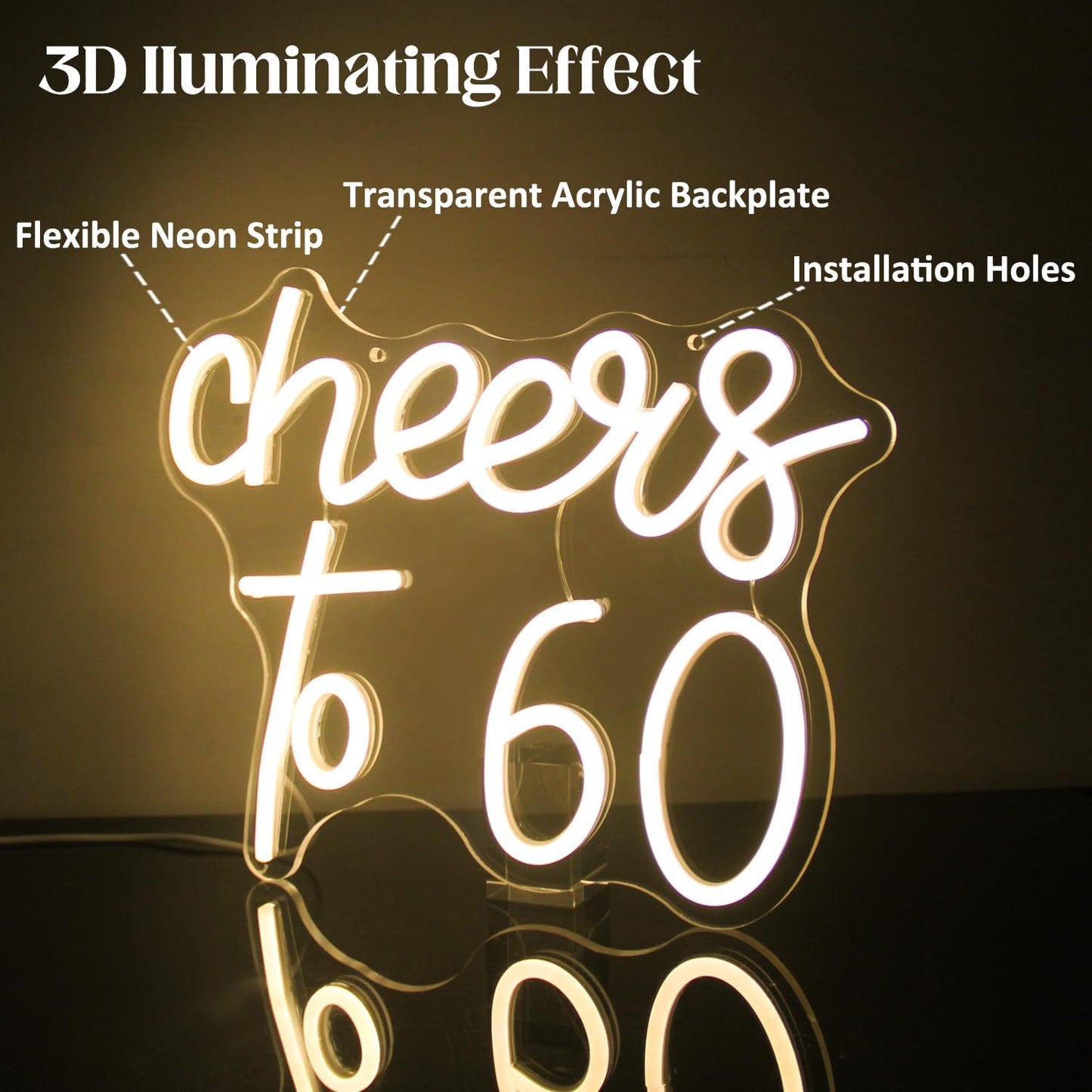 Cheers to 60 Neon Sign - 60th Birthday LED Neon Lights - Warm White - Happy Birthday Signs for Wall Decor - 60 Years LED Signs for Wall, Bedroom, Bar, Wedding, Party Decor