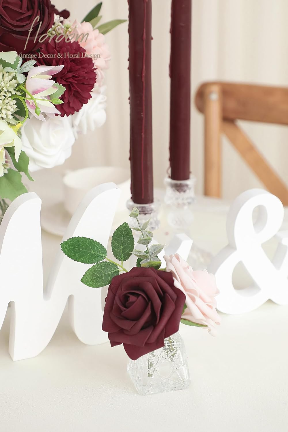 Floroom Burgundy Artificial Flowers Marsala Fake Roses Peonies Dahlia Greenery Combo Box Set for DIY Dark Red Wedding Bouquets Bridal Shower Centerpieces Floral Arrangements Party Tables Decoration