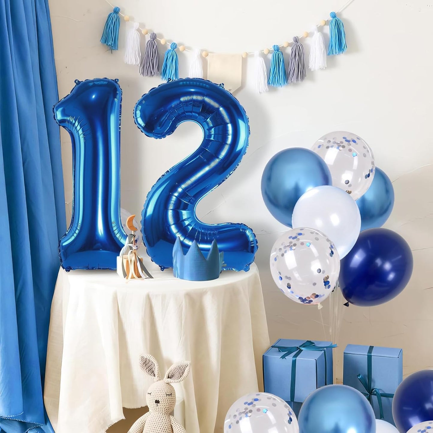 Navy Blue 12th Birthday Giant Self Inflating Number 12 Balloon, Metallic Dark Blue Silver Confetti Foil 40 Inch Helium Balloon for Boys Birthday Party Women Anniversary Decor