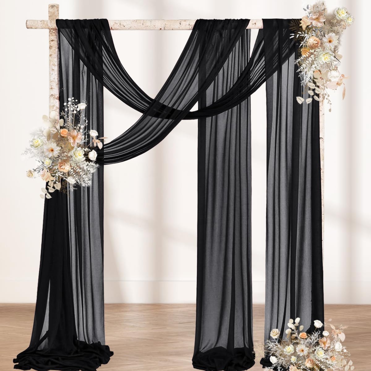 MLMW Wedding Arch Draping Fabric 2 Panels 29" x 20Ft Black Sheer Wedding Arch Backdrop Drapes Outdoor Curtain for Halloween Ceremony Party Background Ceiling Decor