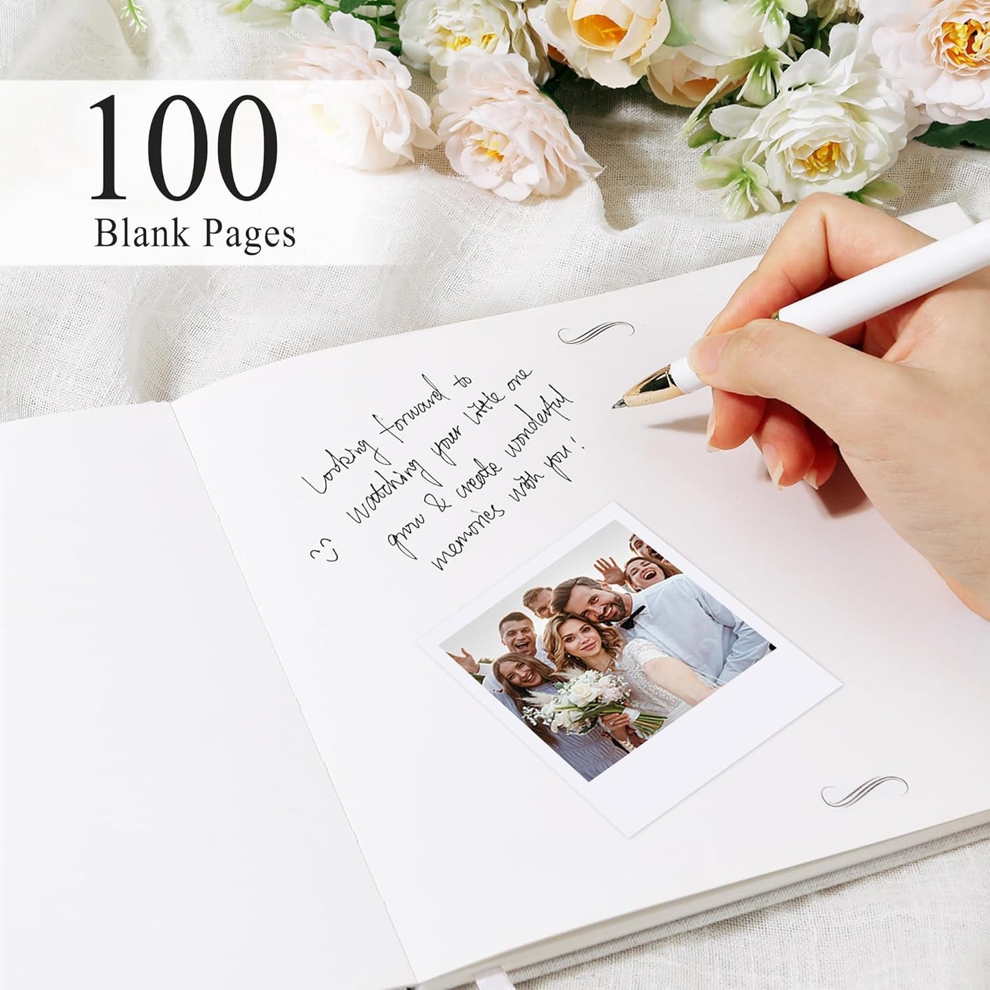 SUNEE Wedding Guest Book - Polaroid Guest Book Weddings Reception, Linen Cover 7" x 9" Guest Book for Baby Shower, Birthdays and Special Events, 100 Blank Pages for Wedding Sign in and Photos, Beige