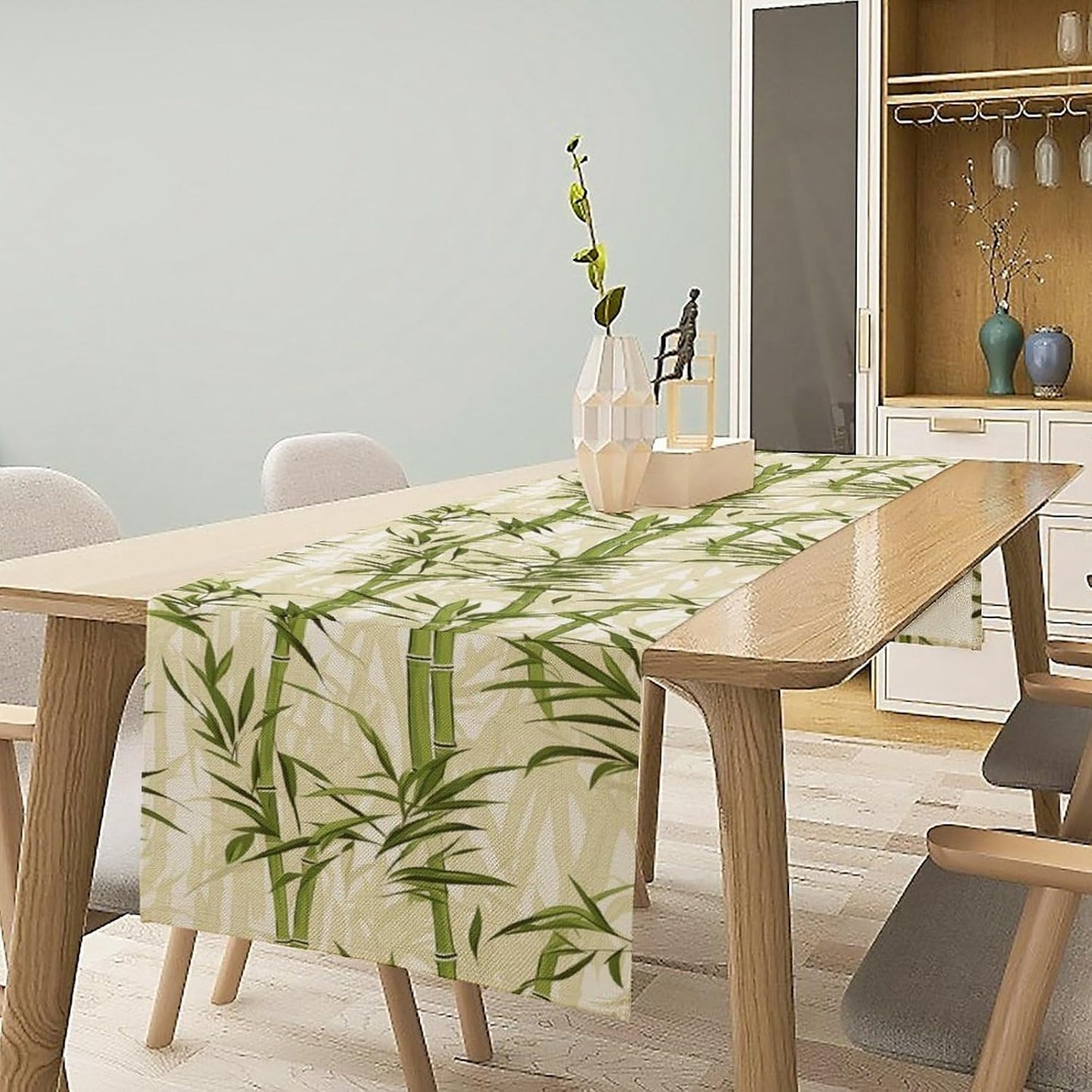 Bamboo Table Runner,Green Plant Leaf Pattern Table Cloth Kitchen Dining Table Home Party Decoration 13x120 Inch