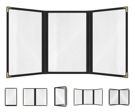 Goodsmart Restaurant Menu Covers – 25 Pack Black 6-View Trifold 5.5" x 8.5", Side-Loading Vinyl & Plastic Menu Holders, Clear Menu Sleeves, Leather-Style Café Covers with Gold Corners