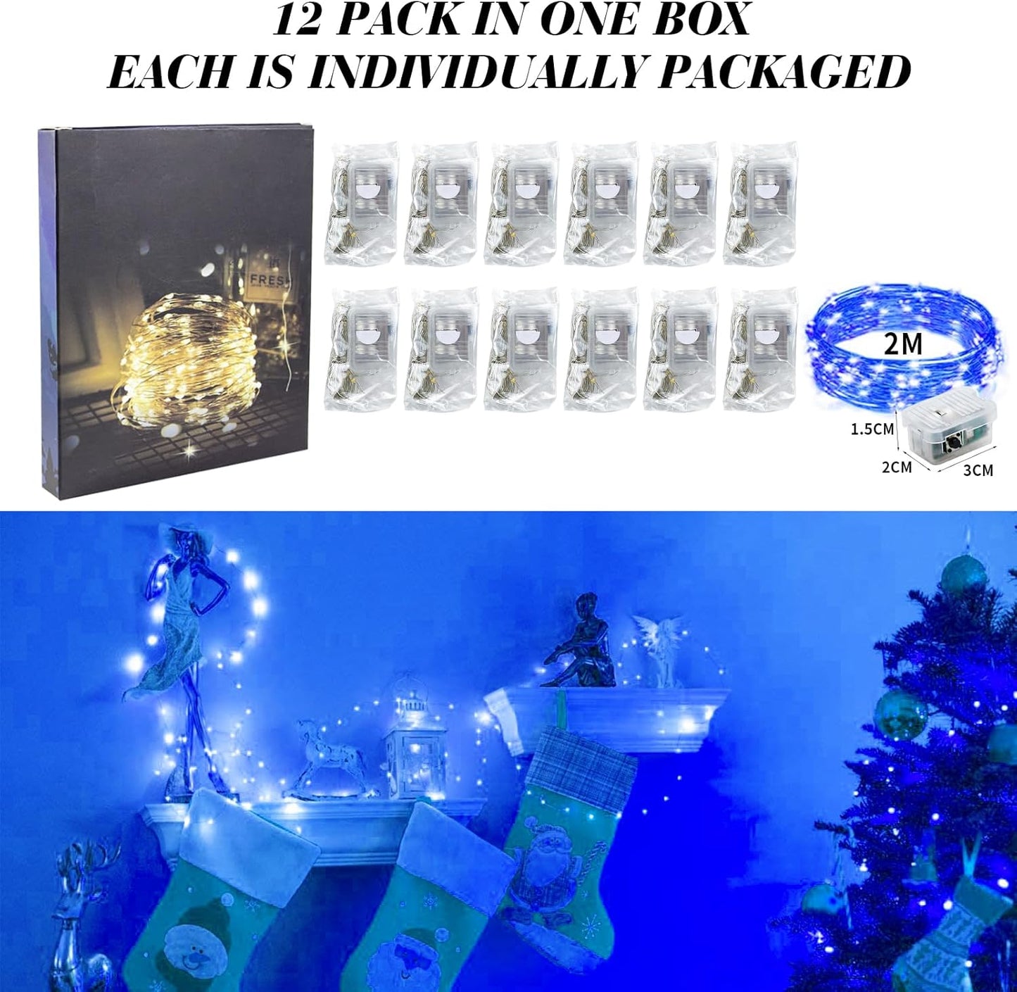 ZGWJ 12 Pack Fairy Lights Battery Operated, 7ft 20 Mini LED Fairy String Lights Silver Wire 3 Modes for DIY, Parties, Wedding, Bedroom, Halloween Christmas Decoration Blue