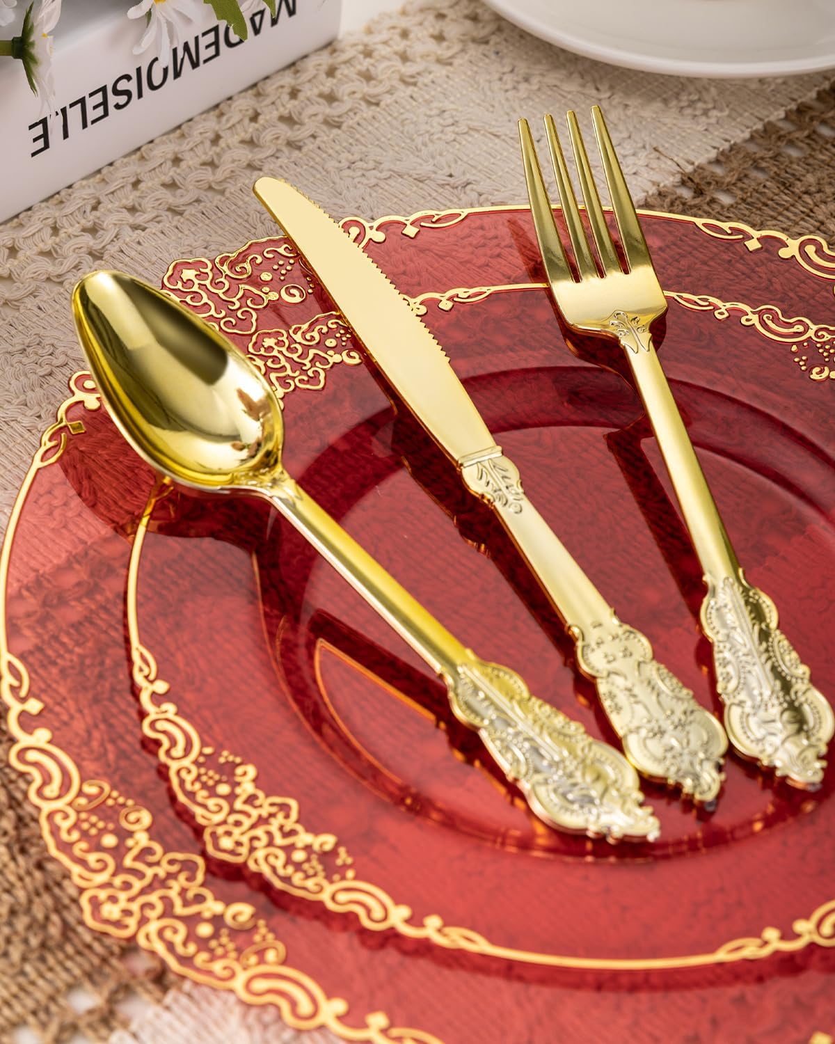 Goodluck 350 Piece Red Dinnerware Set for 50 Guests, Fancy Disposable Plates, Include: 100 Red Rim Plastic Plates, 150 Silverwares, 50 Pre Rolled Napkins, 50 Cups for Party, Wedding