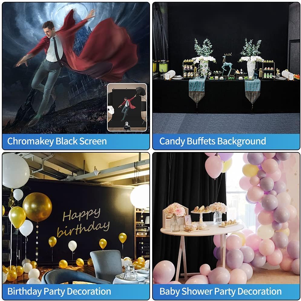 HEMMOTOP Black Backdrop 10x8 ft, Black Photo Backdrops for Photoshoot, Polyester Fabric Background Curtain Screen Seamless for Party, Photos, Photography, Birthday, Wedding (Backdrop only)