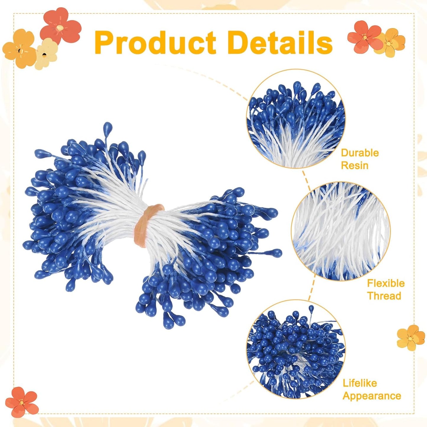 150-Pack Flower Stamens for Crafts, 5mm Double Heads Artificial Pearl Floral Pistil Mini Flower Pollens Stamens for DIY Making/Wedding/Scrapbook Decoration [Sapphire Blue]
