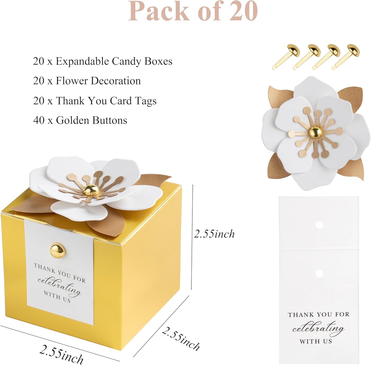 FEIYI 20 PCS Candy Boxes, 3 In 1 Gold Favor Boxes with Floral Decor, White Thank You Tags Gift wrapping for Wedding Birthday Baby Shower Decorations Party -2.55x2.55x2.55''