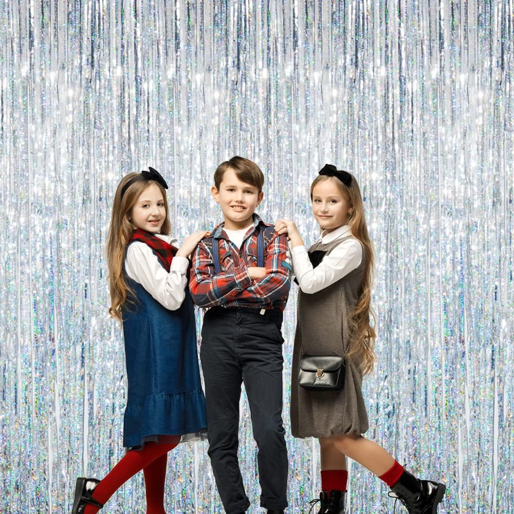 GOER 6.4 ft x 8.2 ft Metallic Tinsel Foil Fringe Curtains,Pack of 2 Party Streamer Backdrop for Birthday,Graduation Decorations and New Year Eve (Shiny Silver)