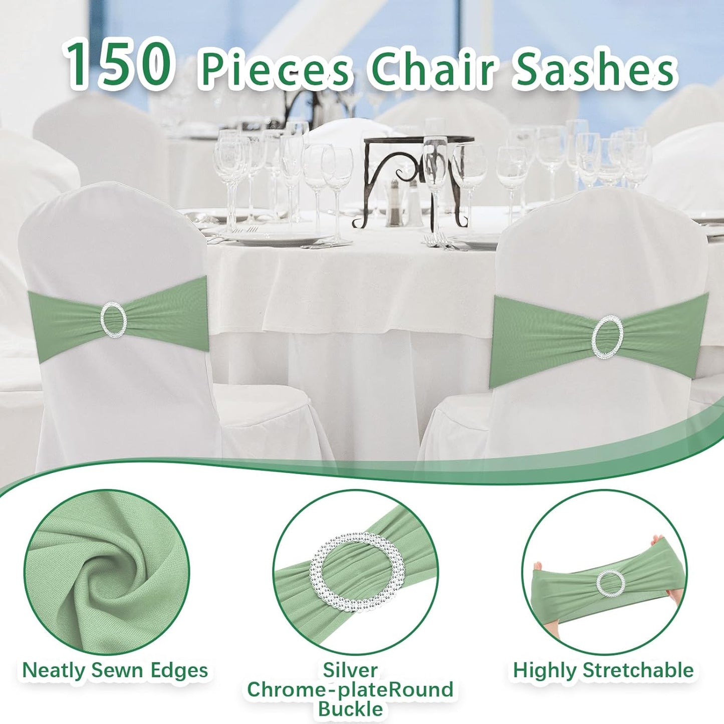 CHENGU 150 Pieces Spandex Stretch Chair Sashes Bows Elastic Chair Cover Bands Ties with Buckle Slider for Wedding Party Reception Events Universal Ceremony Banquet Decorations(Sage Green)