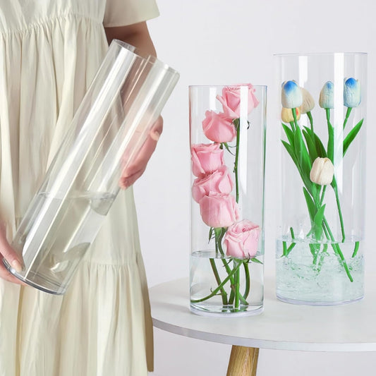 3 Large Acrylic Cylinder Clear Vase for Centerpieces, Hurricane Unbreakable Tall Big Wide Mouth Flower Vases for Birthday Wedding Bouquet Decor (D 6" X H 15.8", D 4.8", D 4" + 3 Holder)