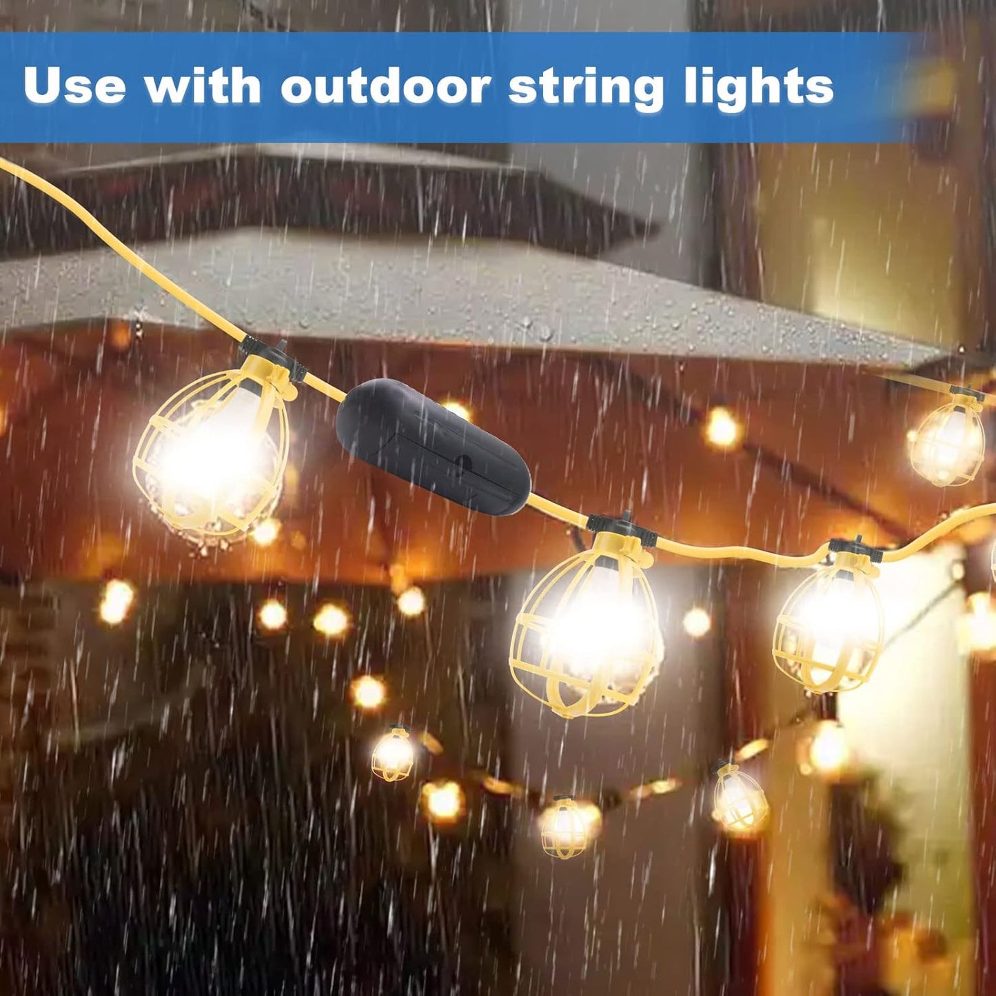 100FT Construction String Lights with Outdoor Extension Cord Safety Cover, 100W 11 Bulbs Work Lights, IP65 Waterproof, 8000LM 6500K Temporary Lighting for Workshop, Mine cave, Job Site