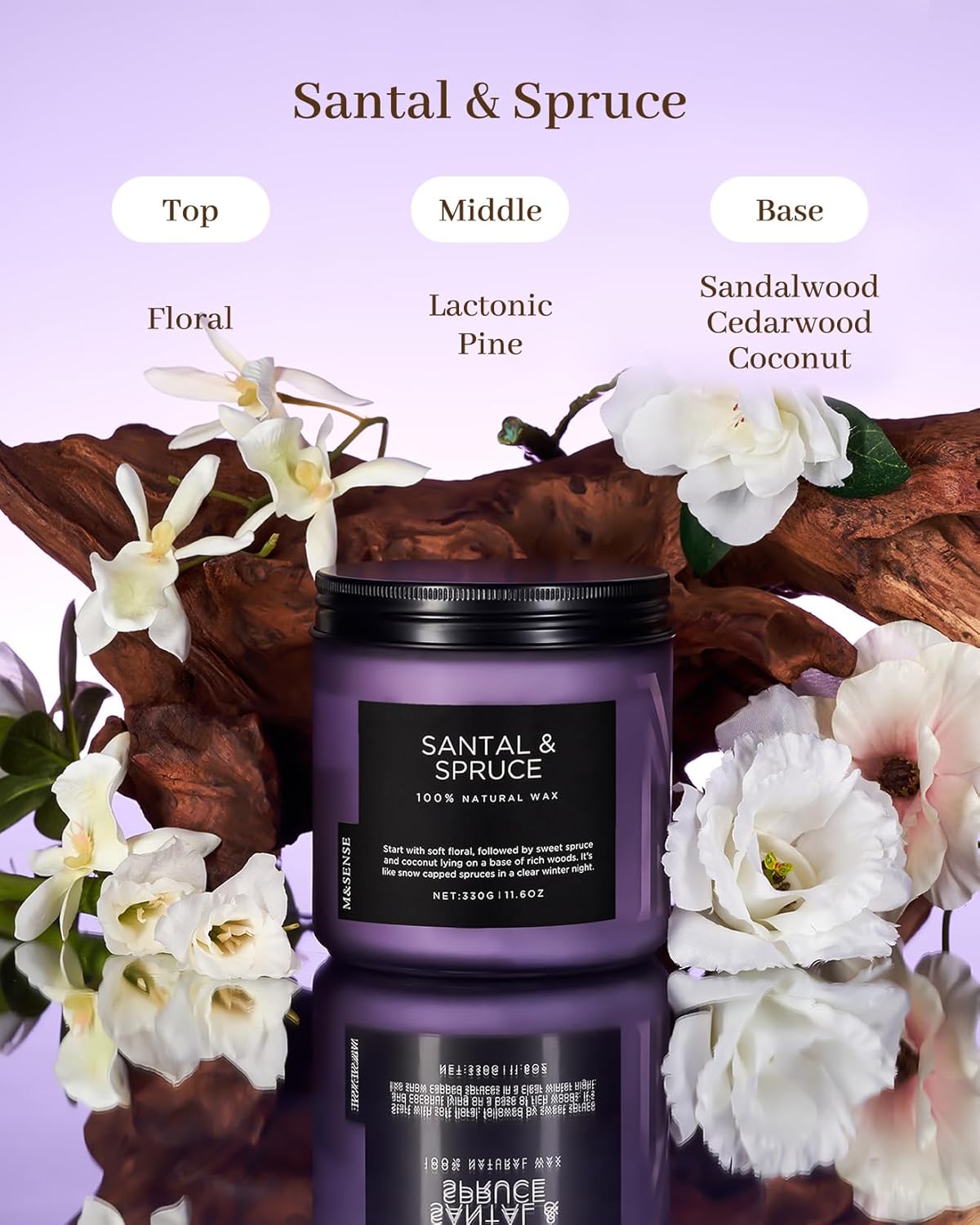 M&SENSE Sweet Spruce Scented Candle, 11.6oz Natural Soy Wax Up to 70 Hours, 2 Cotton Wick Candle for Winter Holiday Woody Scent Housewarming Gifts for Family Friends Teachers