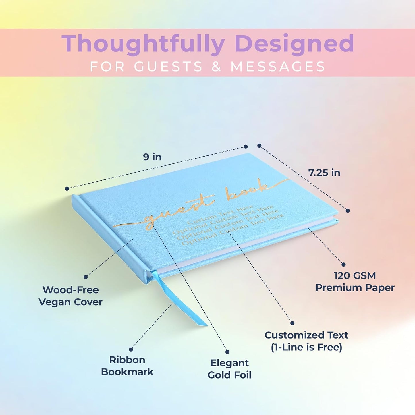 Promot Personalized Guestbook for Party (Baby Blue) - 110 Lined Pages in Wood-Free Vegan Leather Hard Cover - Wedding Guest Book Sign in and Photos, Baby Shower, Birthday or Graduation