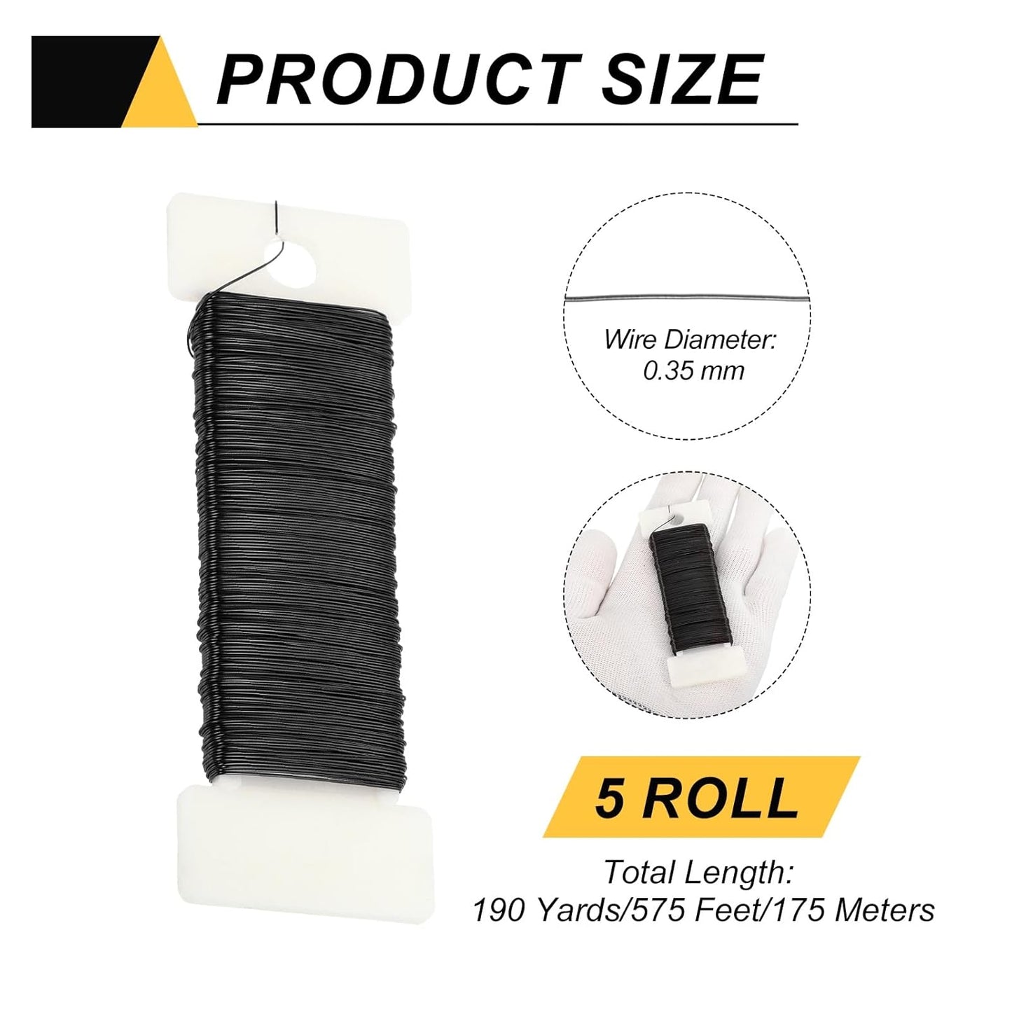 MECCANIXITY 190 Yards/575 Feet 27 Gauge Metal Floral Wire Black Flexible Paddle Thin Floral Wires for Craft, Christmas Wreath, Flower Arrangement, Wedding, Total 5 Roll