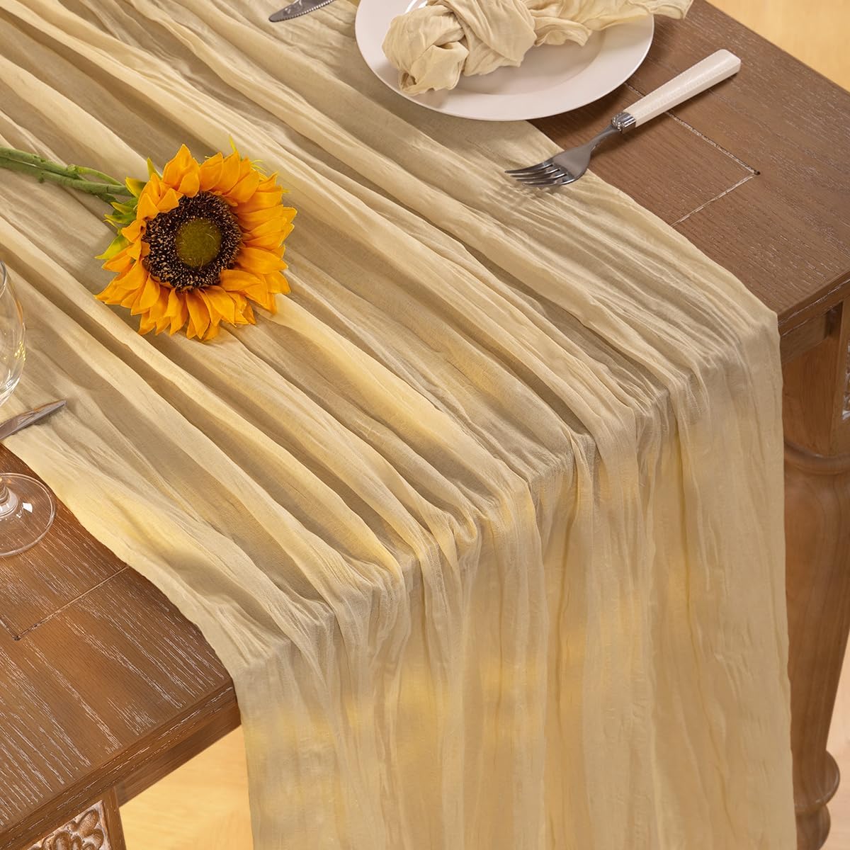 Champagne Gold Cheesecloth Table Runner 12 Pack Fall Table Runners Boho Gauze 120 Inches Champagne Cheese Cloth Fall Table Decorations for Thanksgiving Wedding Bridal Baby Shower Parties