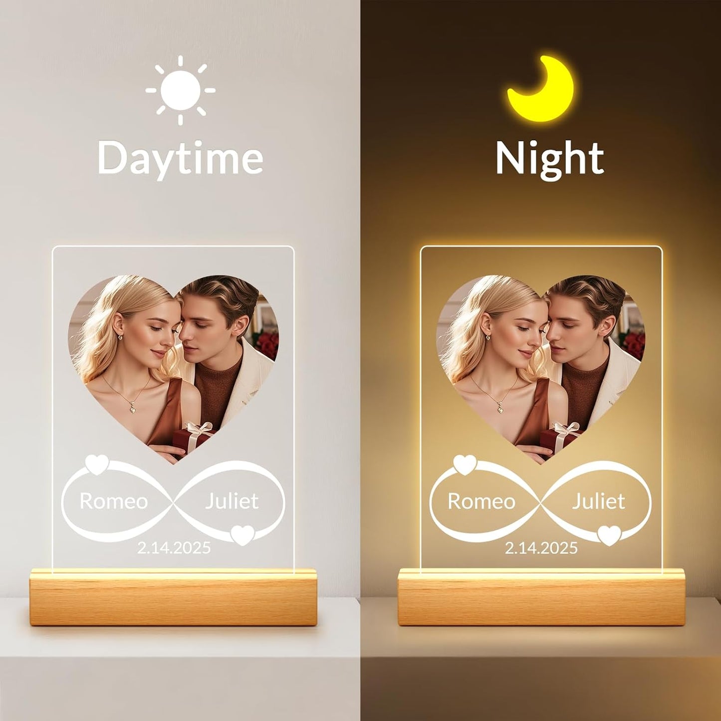Custom Picture Frames with Photo, Personalized Photo Frame with Night Light, Customized Picture Frames, Personalized Anniversary Couple Gifts for Women, Men, Him, Her, Boyfriend, Girlfriend