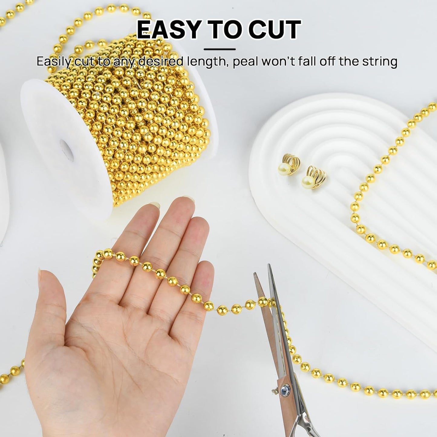 Craft String Pearls 6MM Pearl Bead, 66 Feet Gold Faux Pearl Garland Spool Roll Strand Wedding Party Decoration, Christmas Tree Decorations