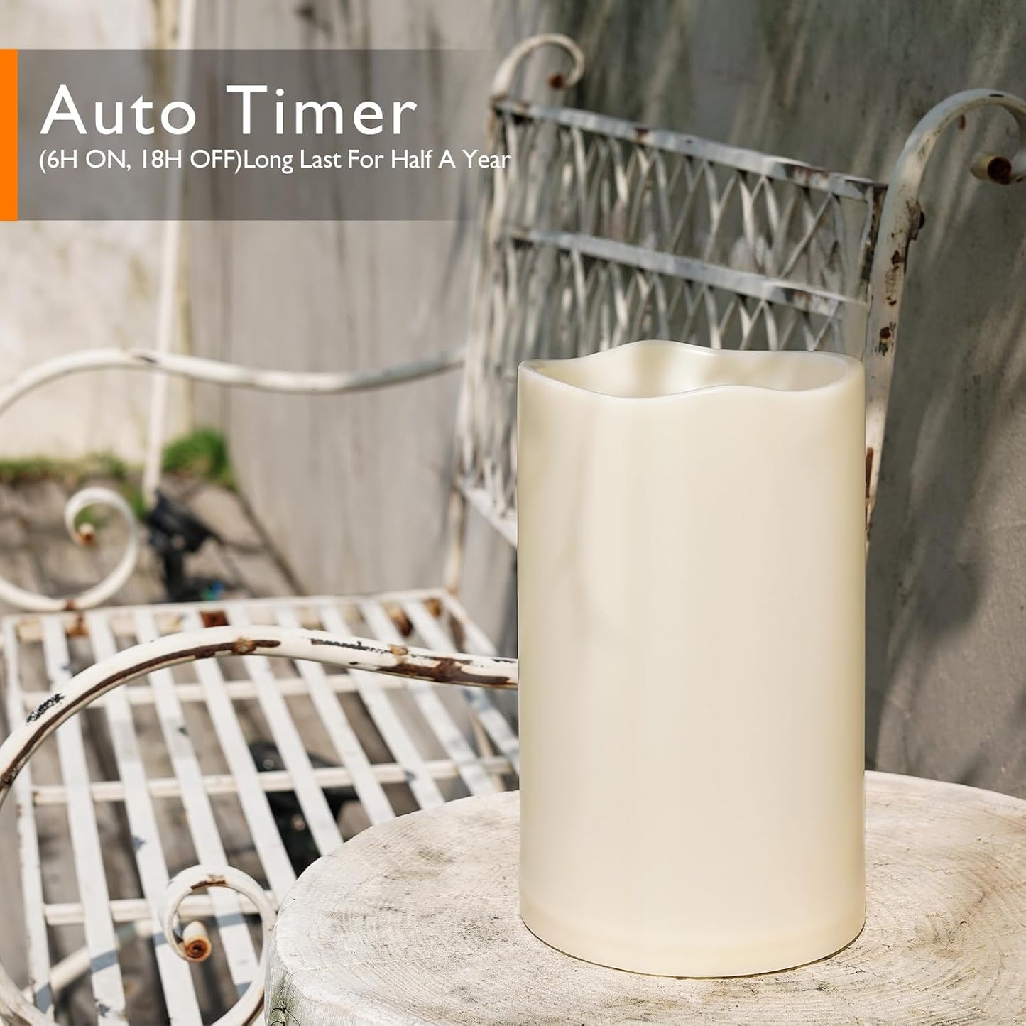 Homemory 6" x 9" Extra Large Outdoor Waterproof Candle with Auto 6-Hour Timer, No Remote, Ivory Plastic Made, Long Last for Half A Year