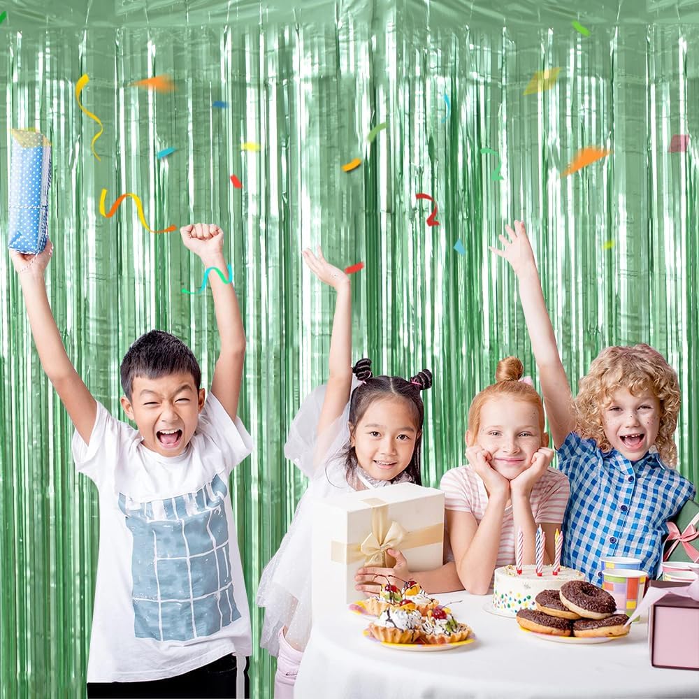 BEISHIDA 2 Pcs Light Green Door Streamers Tinsel Curtain Party Backdrop Fringe Foil Wall Background for Birthday Halloween Christmas Wedding Boys Babyshower Party Decoration(3.28 ft x 6.56 ft)