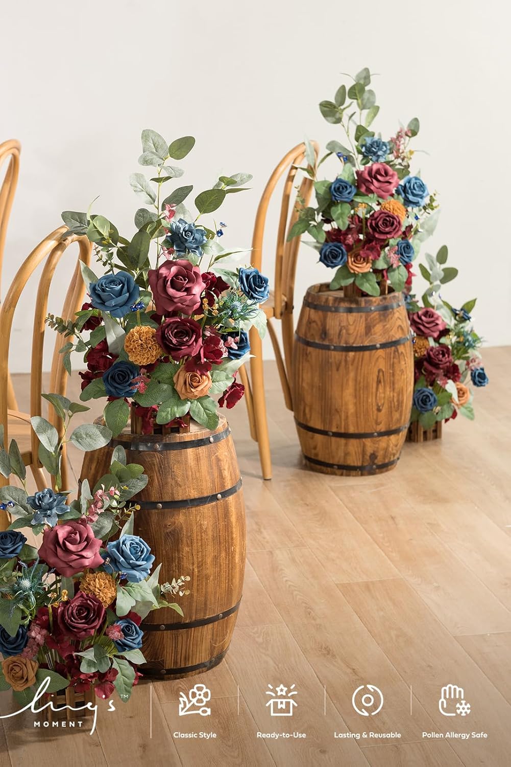 Ling's Moment 17.5" Tall Standing Artificial Flowers Arrangements 4pcs Fall Wedding Aisle Runner Chair Decorations Burgundy & Navy Blue Centerpieces for Ceremony Reception Rose Floral Party Outdoor