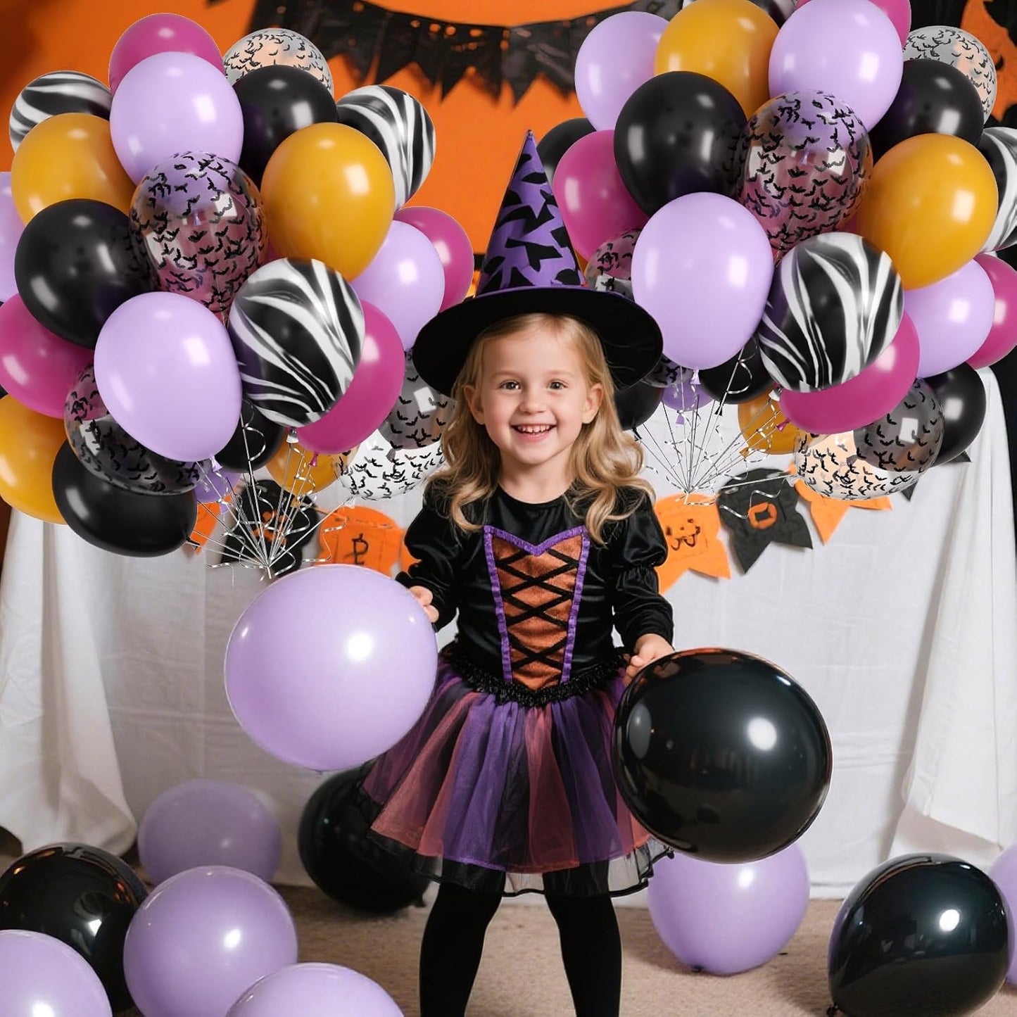 Halloween Balloons, 60pcs Purple Black Balloons, Purple Yellow Black Tie Dye Balloon With Bat Confetti Balloon For Retro Halloween Masquerade Spooky Haunted House Vampire themed Birthday Party Decor