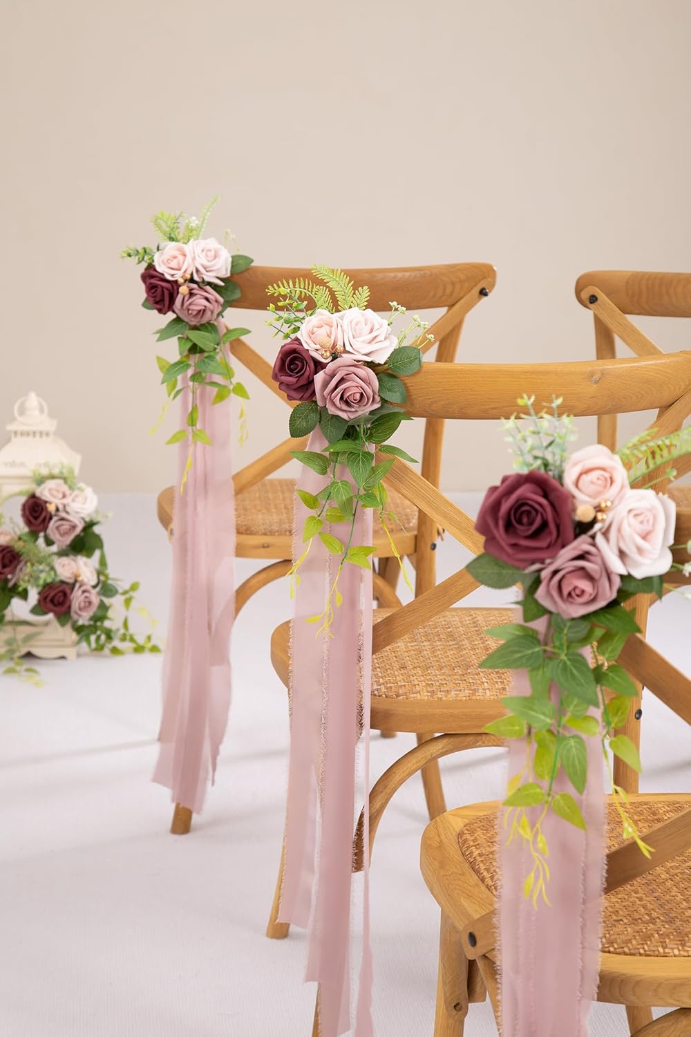 DORIS HOME Wedding Aisle Decorations Mauve Pew Flowers Set of 10 for Wedding Ceremony Party Chair Decor with Artificial Flowers Eucalyptus and Ribbons