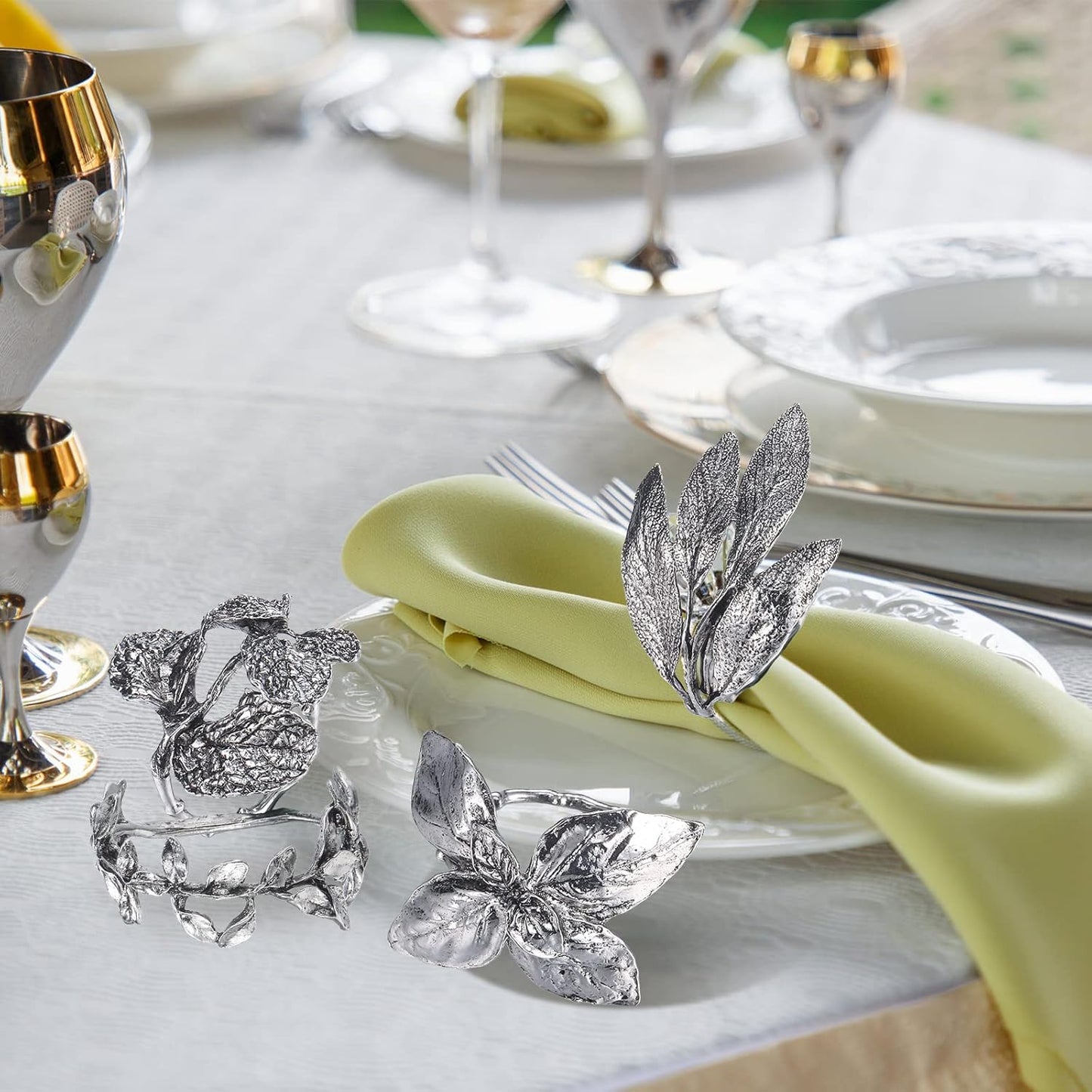 Cunhill 8 Pieces Herb Napkin Rings Set Vintage Leaf Napkin Holders Rings Glossy Holder Adornment Metal Table for Graduation Holidays Wedding Graduation Party Decor Everyday Use(Silver)